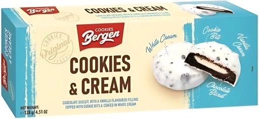 Bergen Cookies Cream Chocolate & Vanilla Filling 128 g